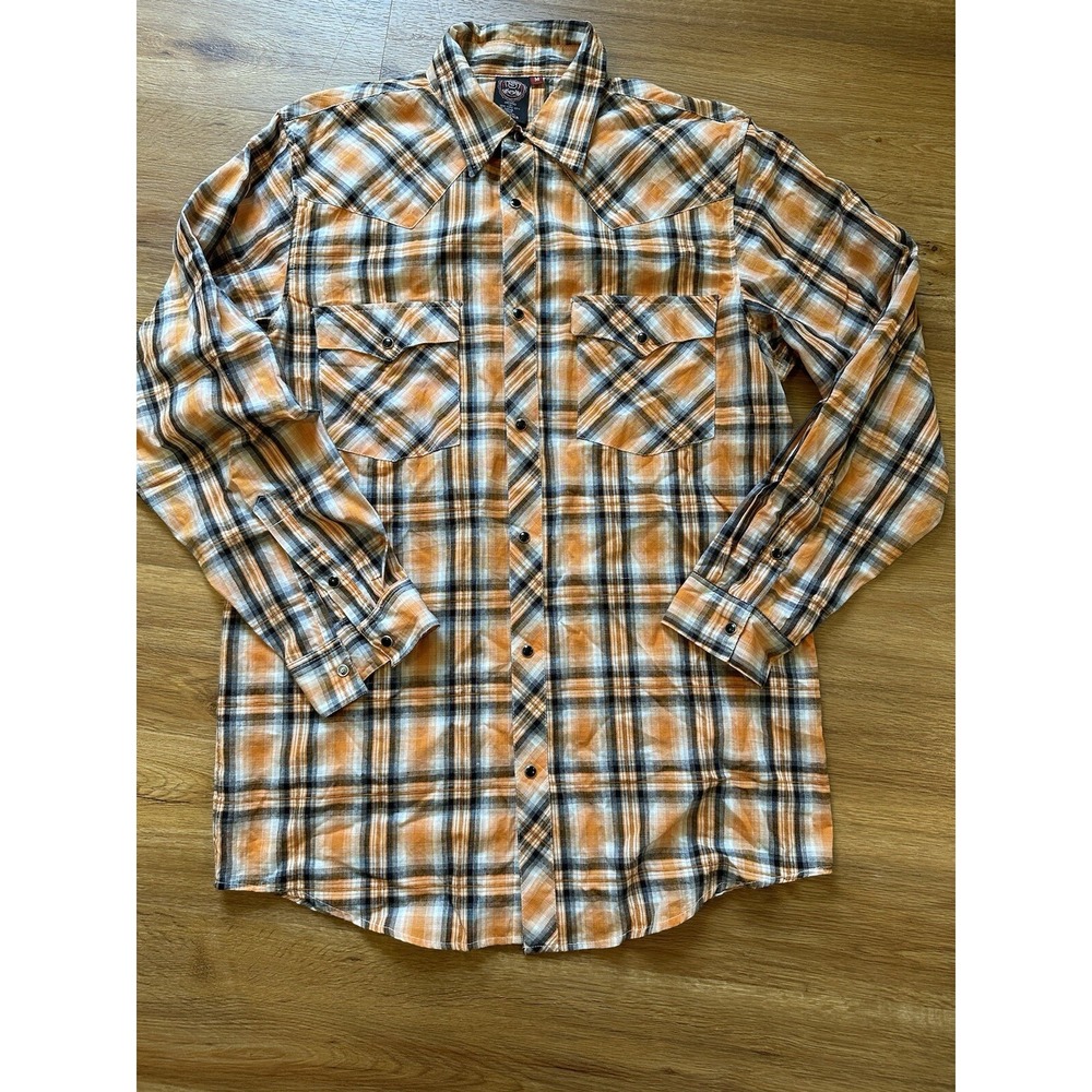 Sportier Mens Shirt M‎ Black Pearl Snap Orange Plaid Long Sleeves Western Cowboy